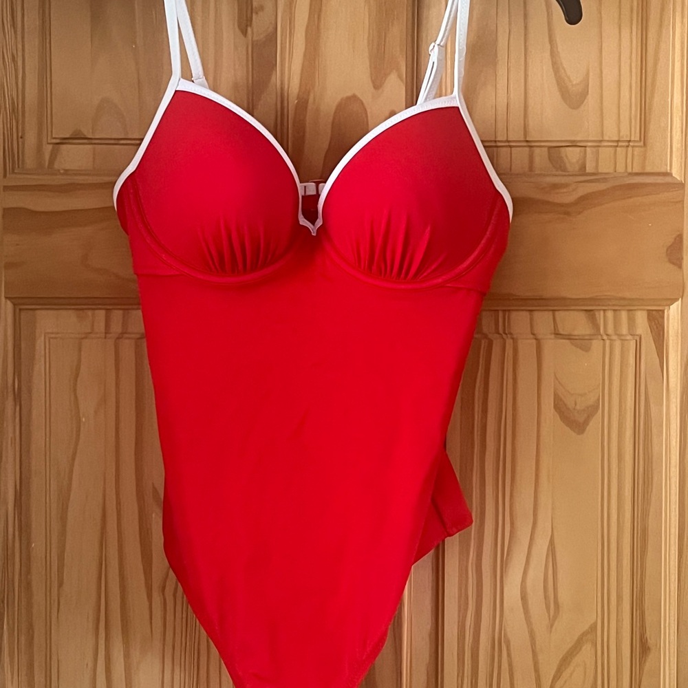 Vibrant Red and White One-Piece Swimsuit with Adjustable Straps